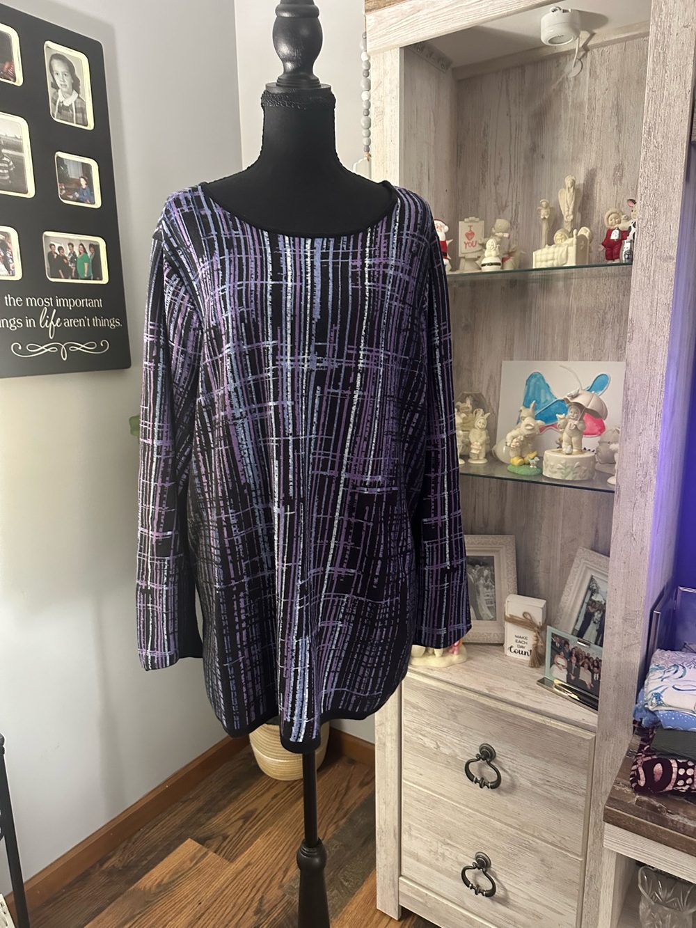 NIC+ZOE Black Long-Sleeve Top with Purple Grid Pattern